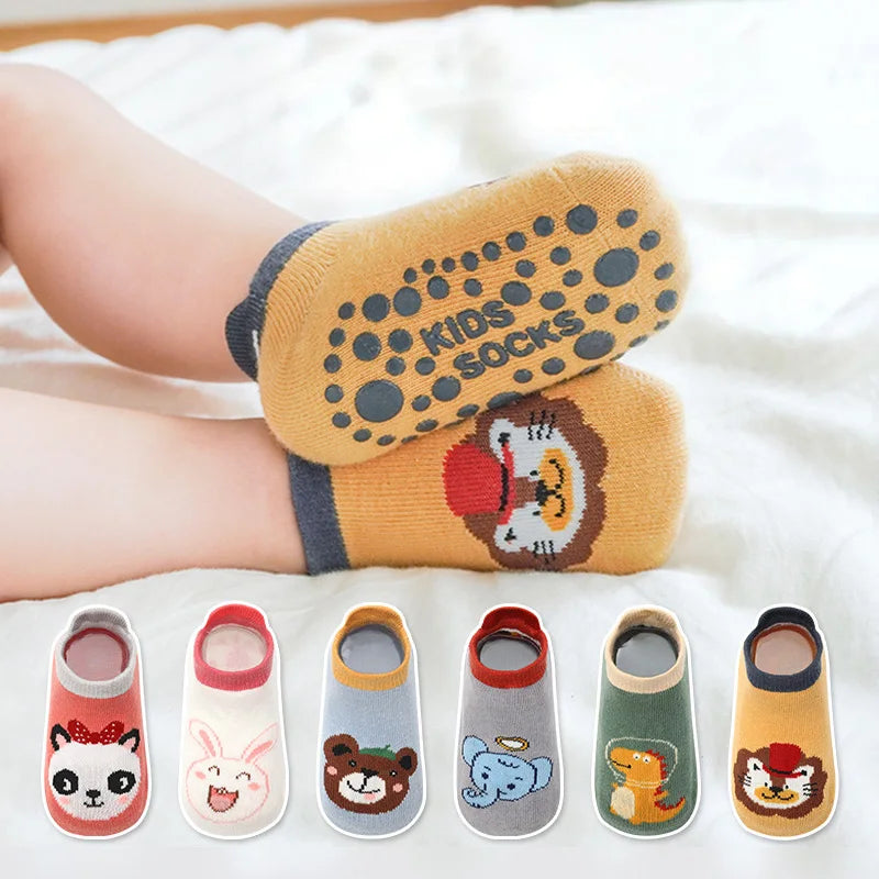 6 paia di calzini di cotone antiscivolo per bambini Cartoon Animal Pattern