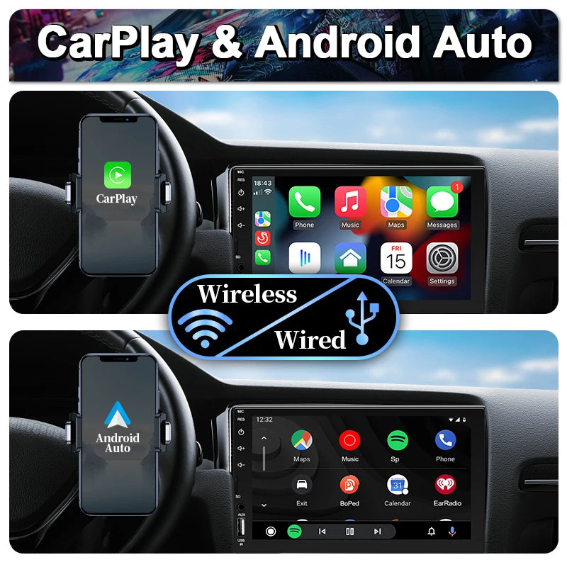 Hippcron 7" 1Din Car Radio Wireless CarPlay Android Auto Bluetooth AUX USB Universal Multimedia MP5 Player Mirror Link Autoradio