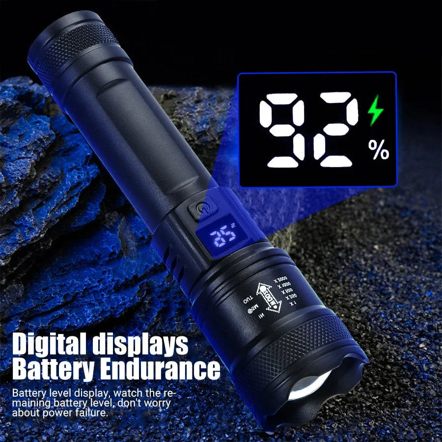 Torce a led ad alta potenza forte 2000LM Torcia tattica con luce del display Ricarica USB