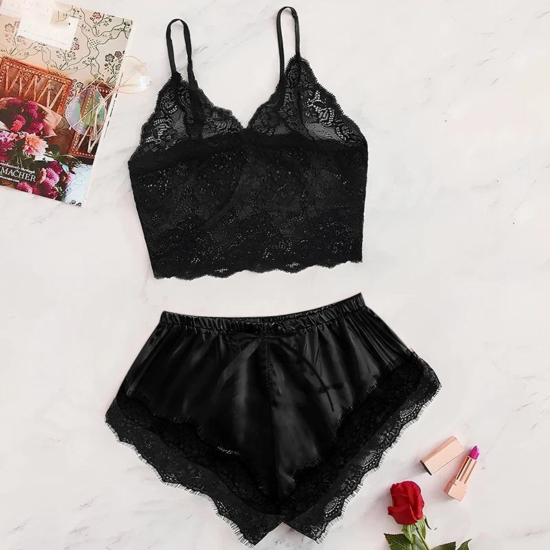 Set di pigiama in pizzo sexy da donna 2 pezzi Top