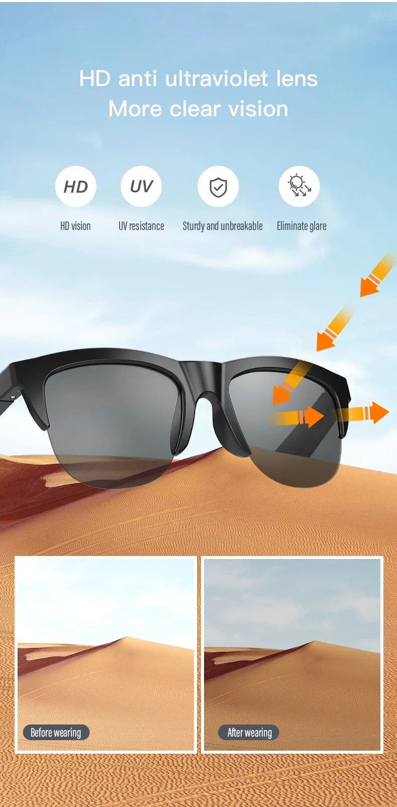 Nuovi occhiali da sole Smart Bluetooth V5.3 Occhiali da vista Cuffie sportive all’aperto HIFI Tecnologia  Anti-touch UV per uomini e donne