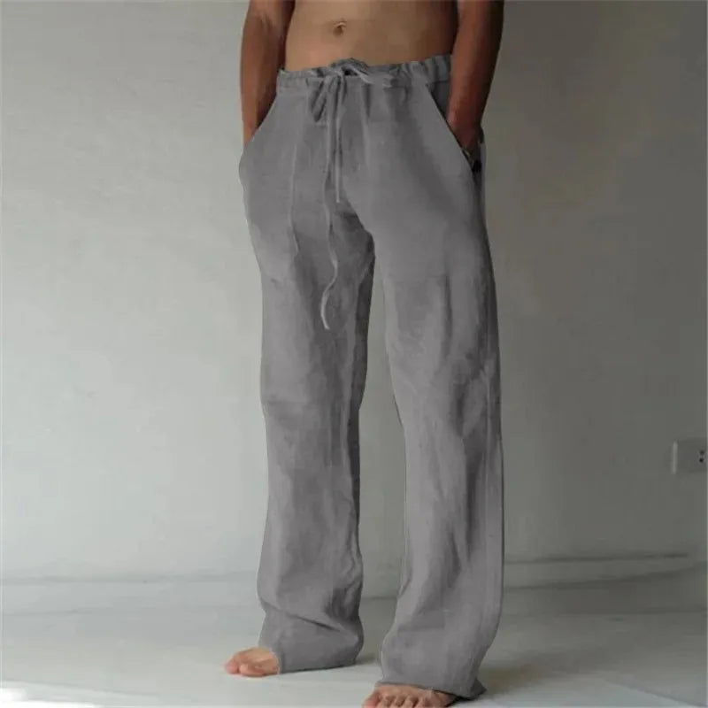 Pantaloni lunghi in lino da uomo estivi, traspiranti, in tinta unita con elastico in vita
