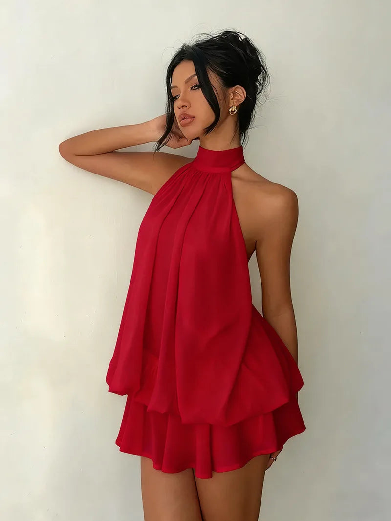 Abito da donna con collo all’americana, minigonna in chiffon senza schienale