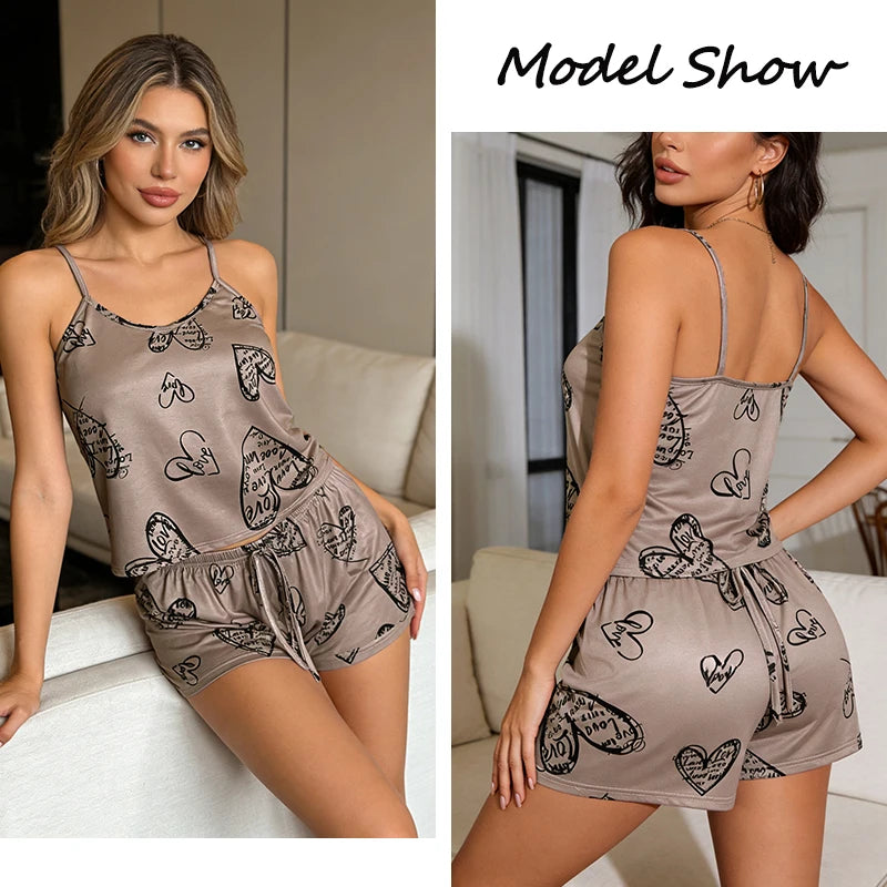 Donne Casual Pigiama in Seta Top T-Shirt e Pantaloncini Traspirante Confortevole