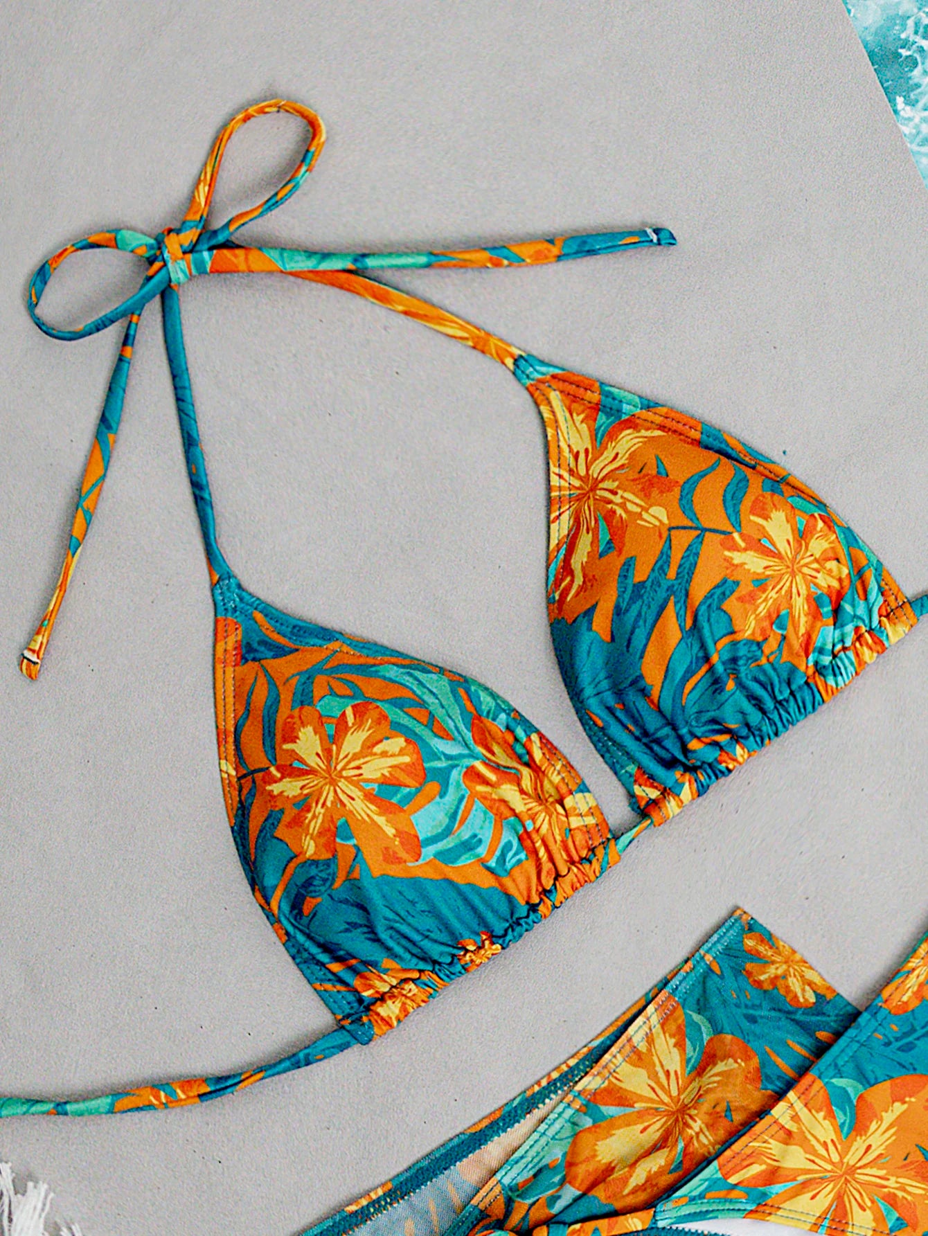 Set 3 Pz costume da bagno da donna con stampa di piante tropicali verde e arancione, pantaloni a triangolo sexy con gonna a rete