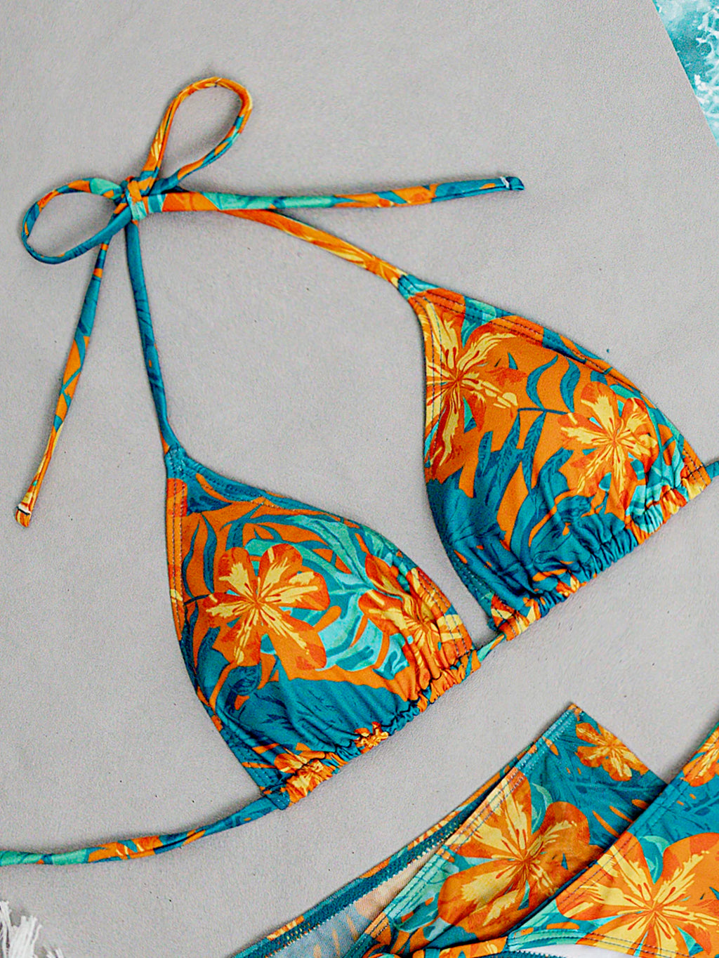 Set 3 Pz costume da bagno da donna con stampa di piante tropicali verde e arancione, pantaloni a triangolo sexy con gonna a rete