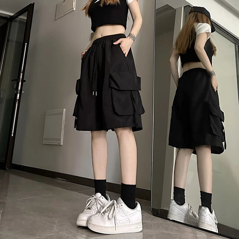 ZOKI Pantaloncini cargo a vita alta da donna Stile americano Streetwear Estate Pantaloni a gamba larga