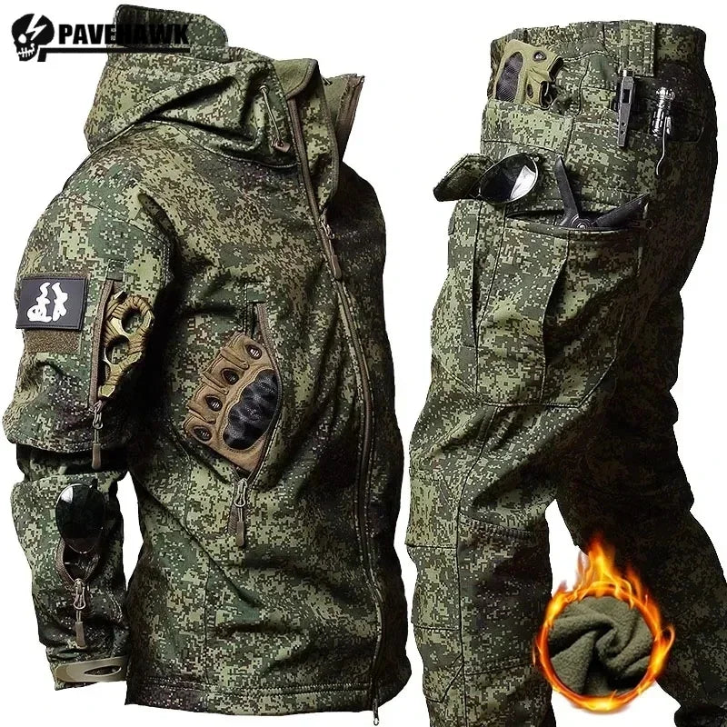 Giacca con cappuccio multi-tasche + Pantaloni in pile da Caccia Impermeabile