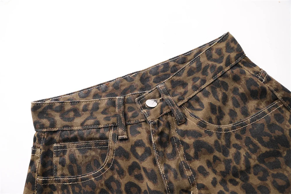 Jeans con stampa leopardata per donna Vita alta Y2k Retro Fashion Streetwear Denim  Hip Hop