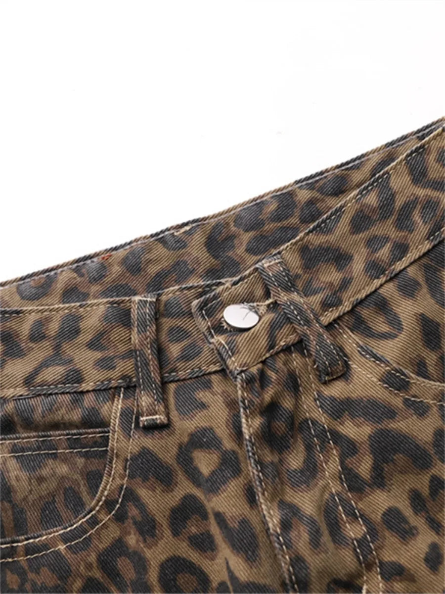 Jeans con stampa leopardata per donna Vita alta Y2k Retro Fashion Streetwear Denim  Hip Hop