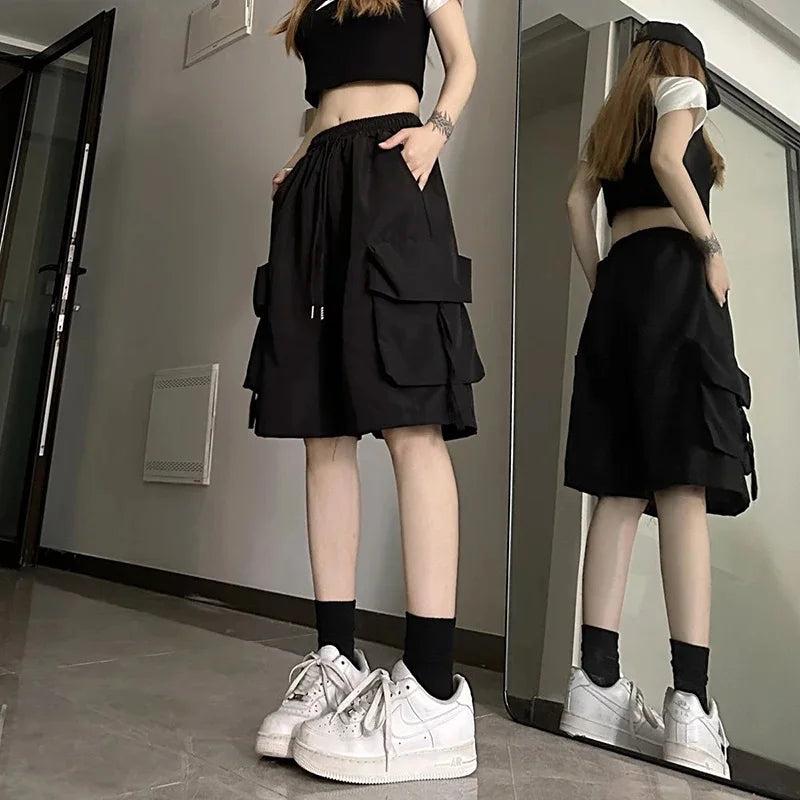 ZOKI Pantaloncini cargo a vita alta da donna Stile americano Streetwear Estate Pantaloni a gamba larga