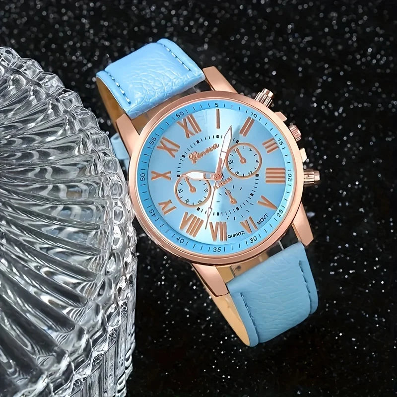 Set di orologi e gioielli al quarzo alla moda, display digitale analogico circolare resistente agli urti, cinturino in pelle PU, no box included