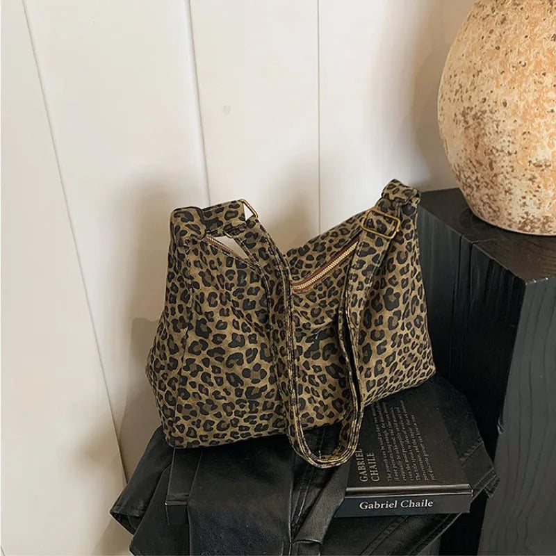 Borsa a tracolla da donna in tessuto morbido alla moda Borsa a tracolla da donna con stampa leopardata di grande capacità