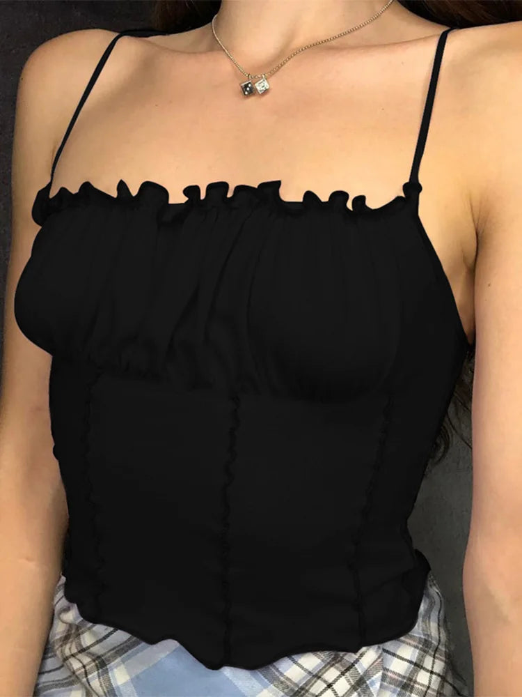 Canotta Senza maniche Senza Spalline Increspature Sottile Crop Top Donna