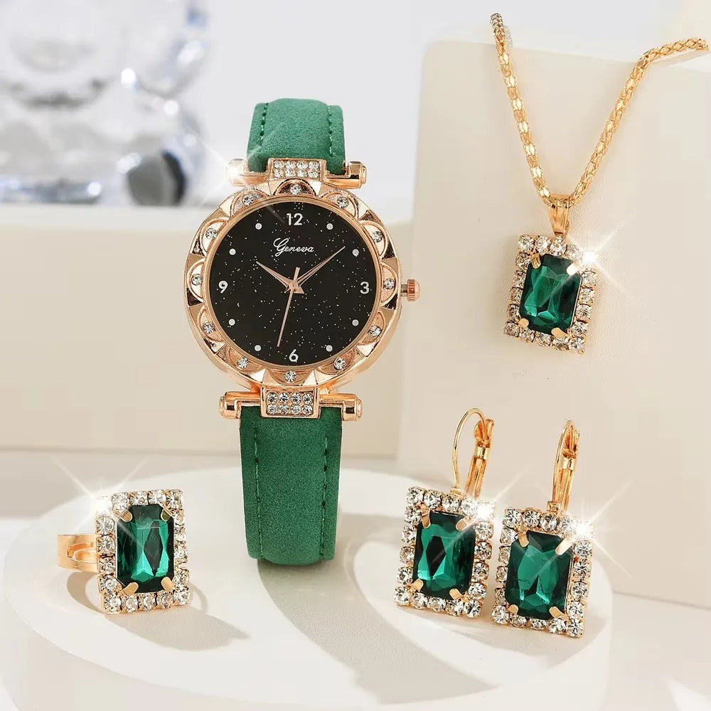 Set 5 pezzi orologio, collana, orecchini, anello