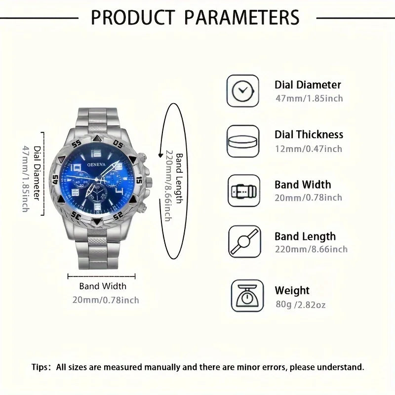 Orologio al quarzo da uomo alla moda - cinturino in acciaio inossidabile, cassa rotonda in lega di zinco, set 4 pezzi