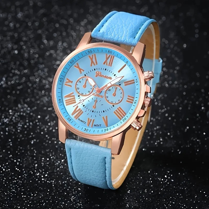 Set di orologi e gioielli al quarzo alla moda, display digitale analogico circolare resistente agli urti, cinturino in pelle PU, no box included