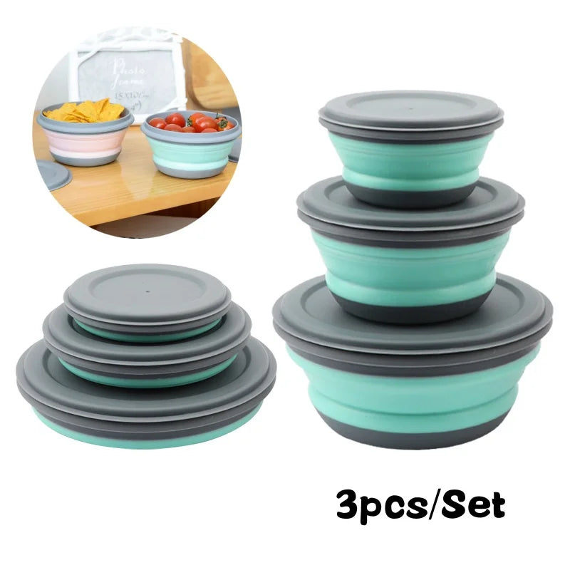 Set di ciotole pieghevoli portatili per il pranzo in silicone 3 pezzi  con coperchio