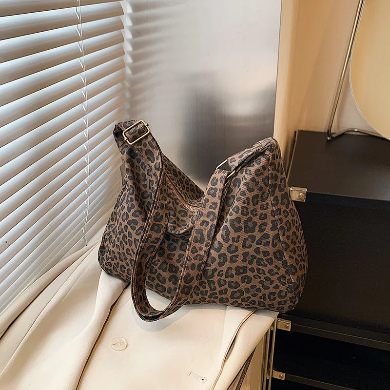 Borsa a tracolla da donna in tessuto morbido alla moda Borsa a tracolla da donna con stampa leopardata di grande capacità