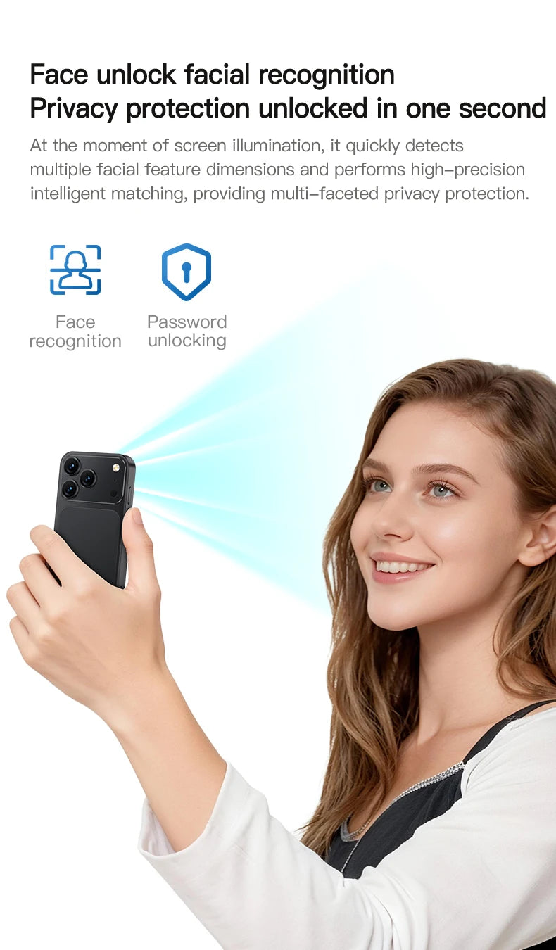 Mini smartphone con schermo da 3,0 pollici, 2 GB di RAM e 16 GB di spazio di archiviazione. Supporta più applicazioni, riconoscimento facciale Top