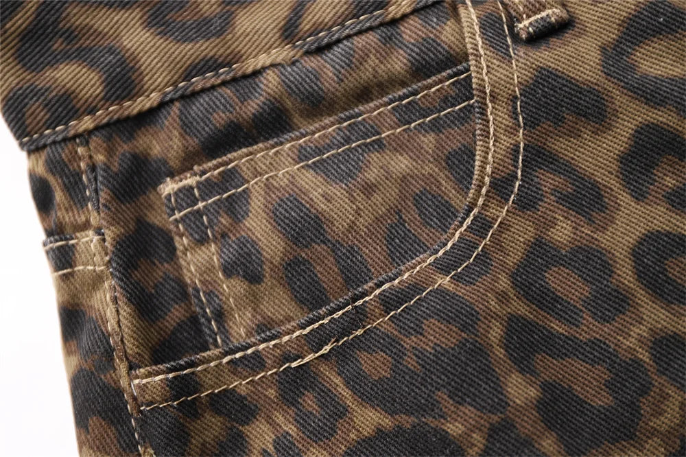 Jeans con stampa leopardata per donna Vita alta Y2k Retro Fashion Streetwear Denim  Hip Hop