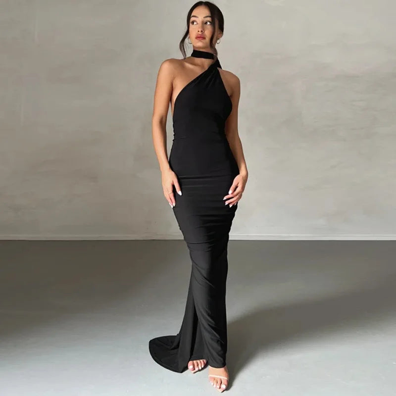 Abito da donna monospalla senza maniche da donna Sciarpa regolabile Loop increspato Backless