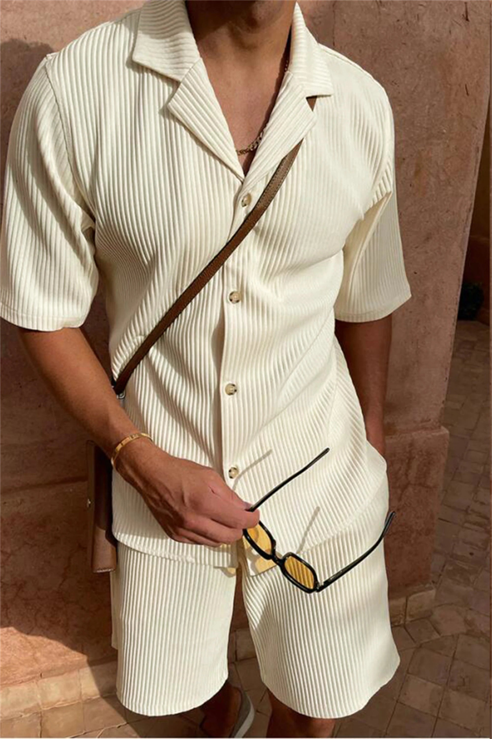 Abito Uomo estate in velluto a coste tinta unita camicia e pantaloncini abiti casual da spiaggia elasticizzati