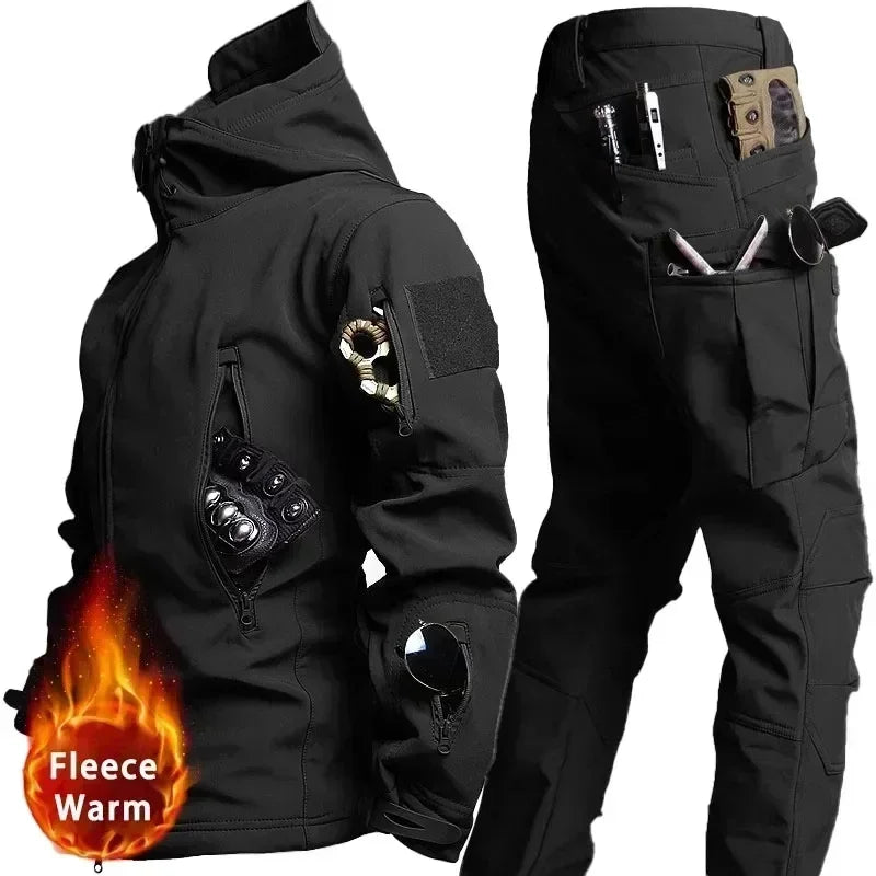Giacca con cappuccio multi-tasche + Pantaloni in pile da Caccia Impermeabile