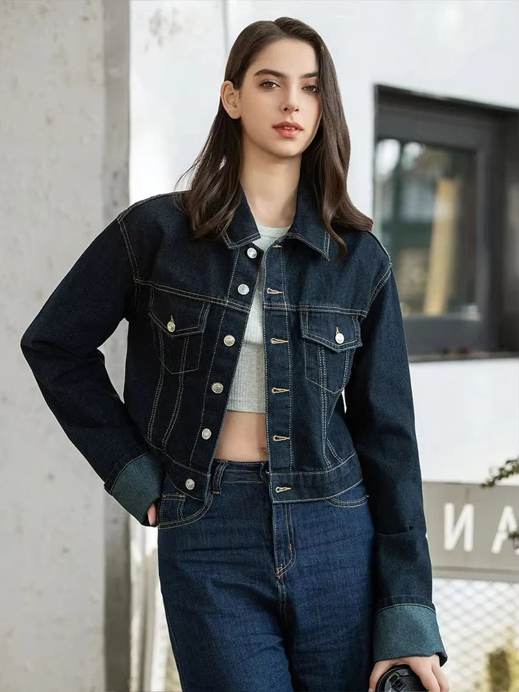Set Casual Risvolto Manica Lunga Crop Giacca Bottoni Femminile Vintage Gamba Larga Jeans
