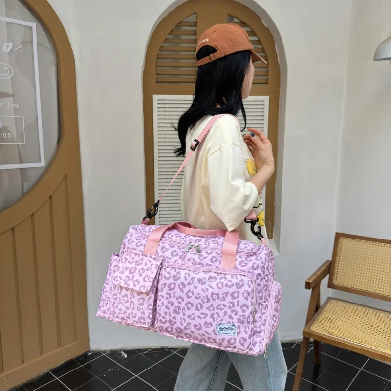 Classica borsa da viaggio di grande capacità con stampa leopardata con tasche multiple e scomparto per scarpe