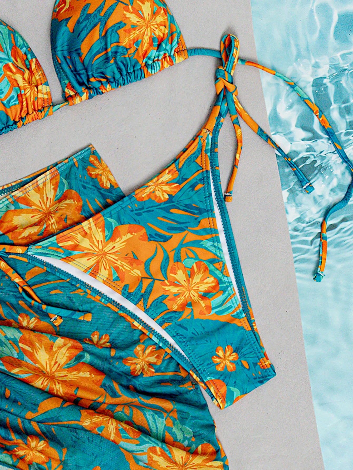 Set 3 Pz costume da bagno da donna con stampa di piante tropicali verde e arancione, pantaloni a triangolo sexy con gonna a rete