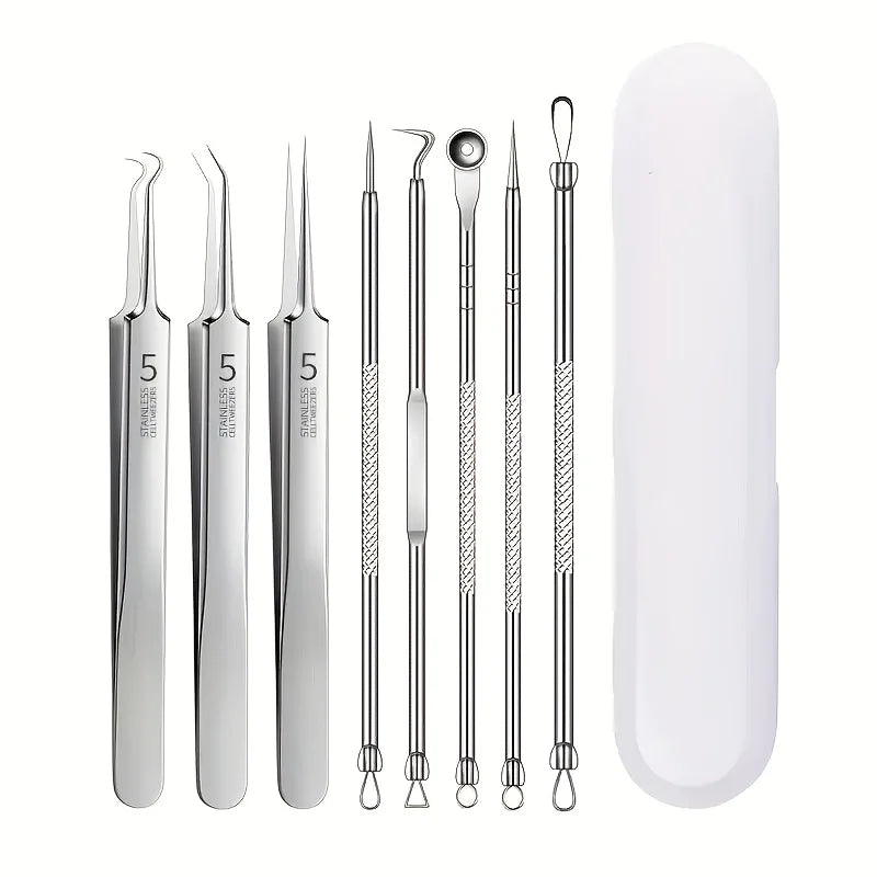 Kit di rimozione di punti neri da 8 pezzi - Strumenti per l’estrazione di imperfezioni e acne in acciaio inossidabile - Set professionale di popper per brufoli per tutta la pelle