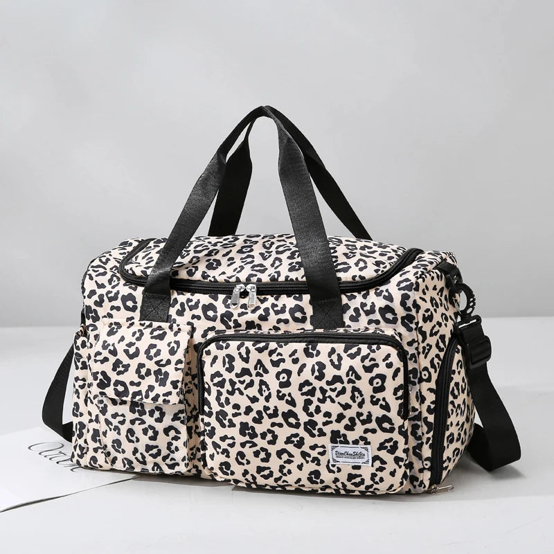 Classica borsa da viaggio di grande capacità con stampa leopardata con tasche multiple e scomparto per scarpe