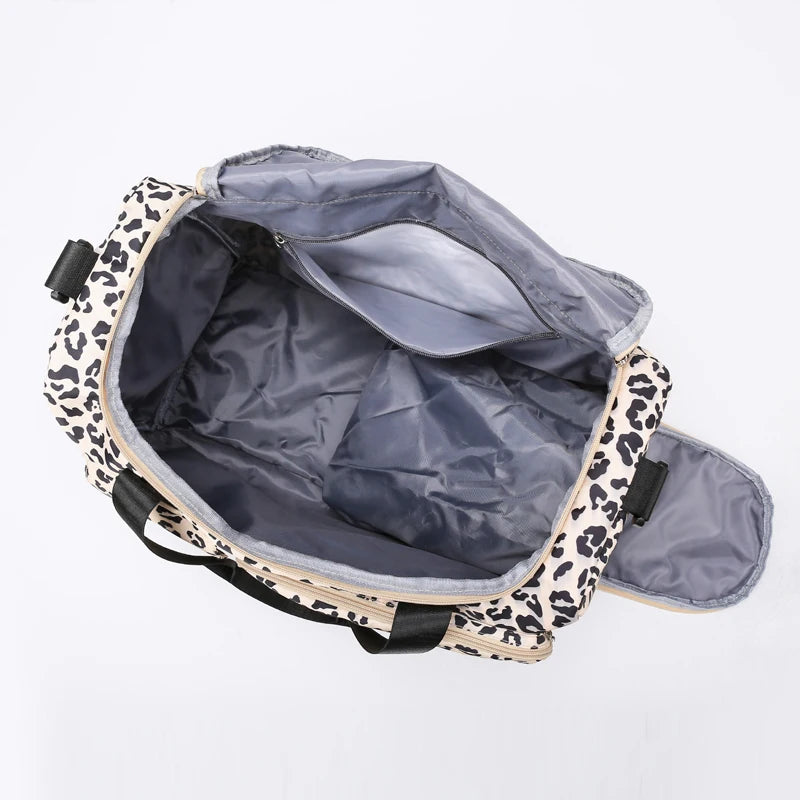 Classica borsa da viaggio di grande capacità con stampa leopardata con tasche multiple e scomparto per scarpe