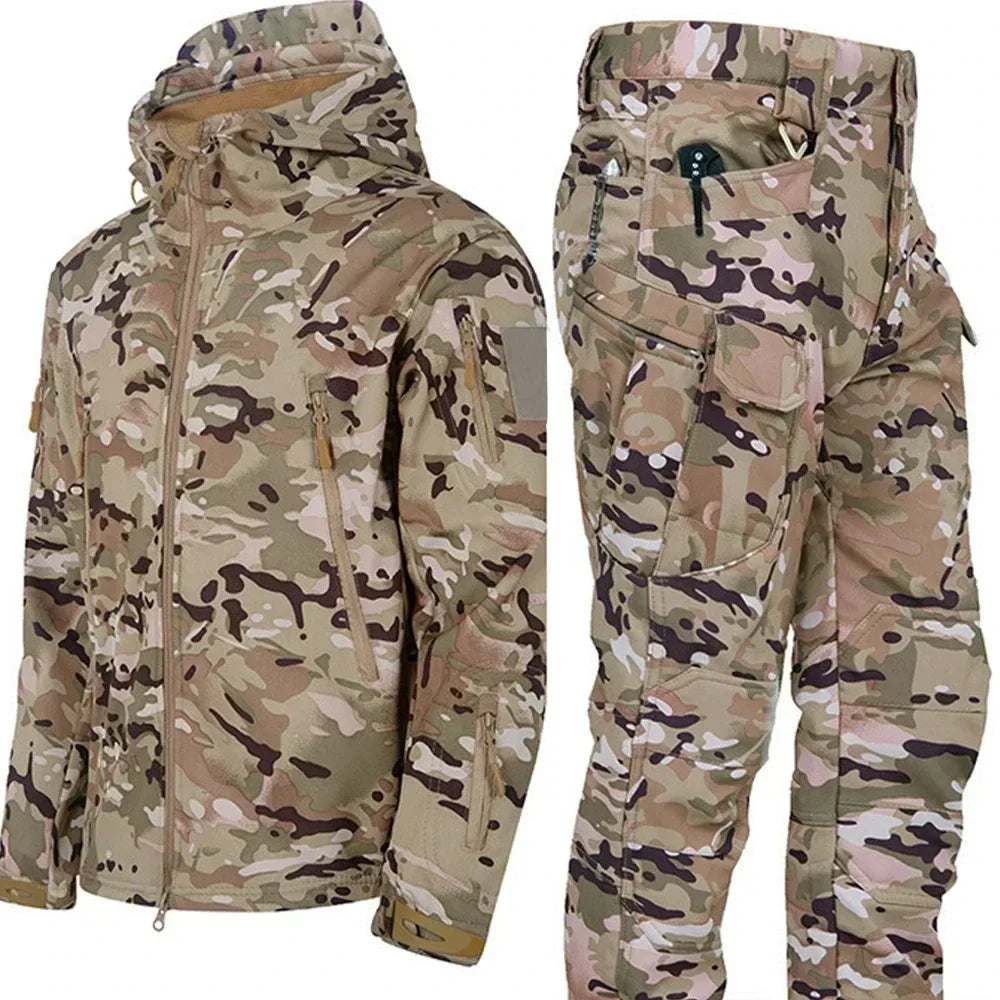 Giacca con cappuccio multi-tasche + Pantaloni in pile da Caccia Impermeabile