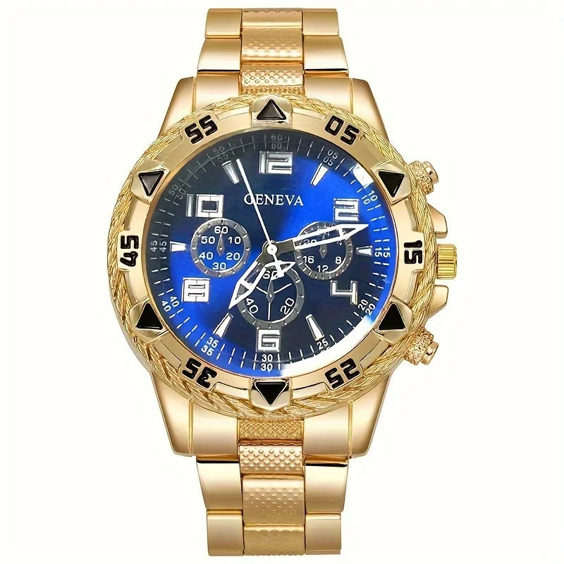 Orologio al quarzo da uomo alla moda - cinturino in acciaio inossidabile, cassa rotonda in lega di zinco, set 4 pezzi
