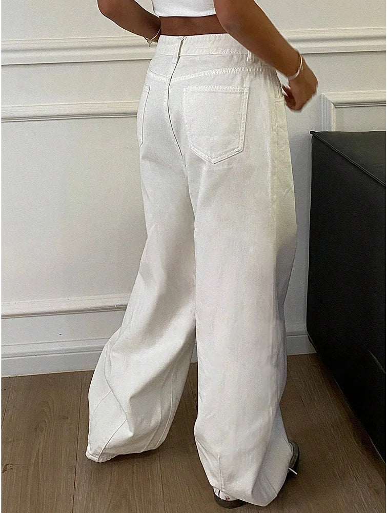 Jeans Donna Larghi Vita Alta Tasca Bianco Solido Retro