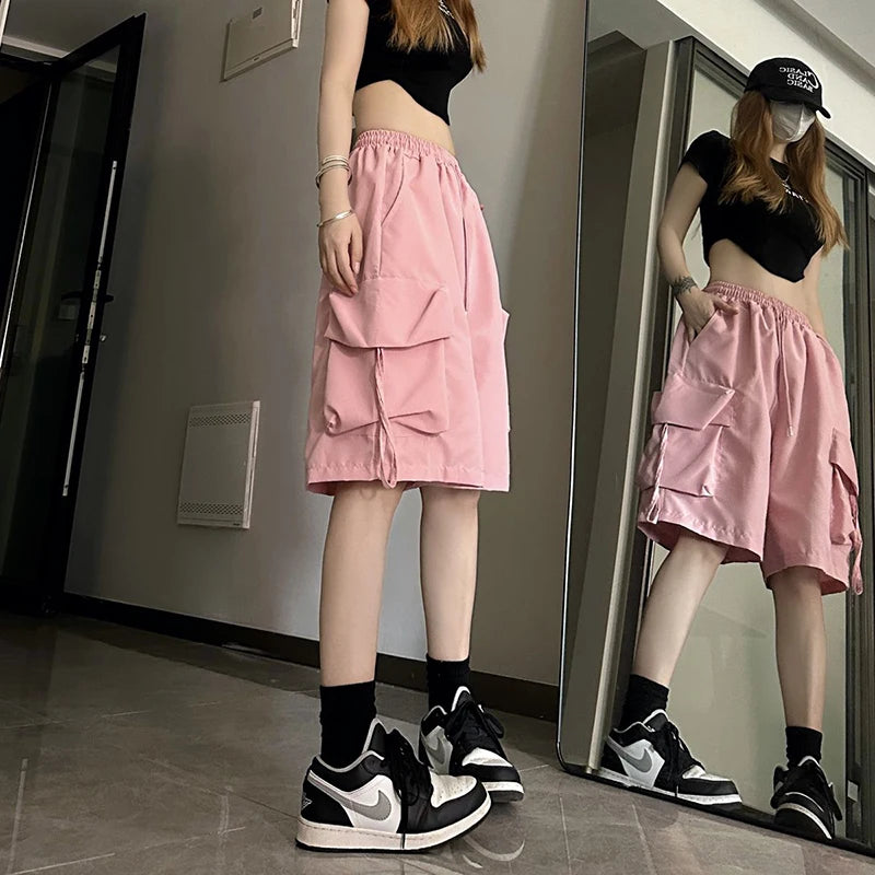 ZOKI Pantaloncini cargo a vita alta da donna Stile americano Streetwear Estate Pantaloni a gamba larga
