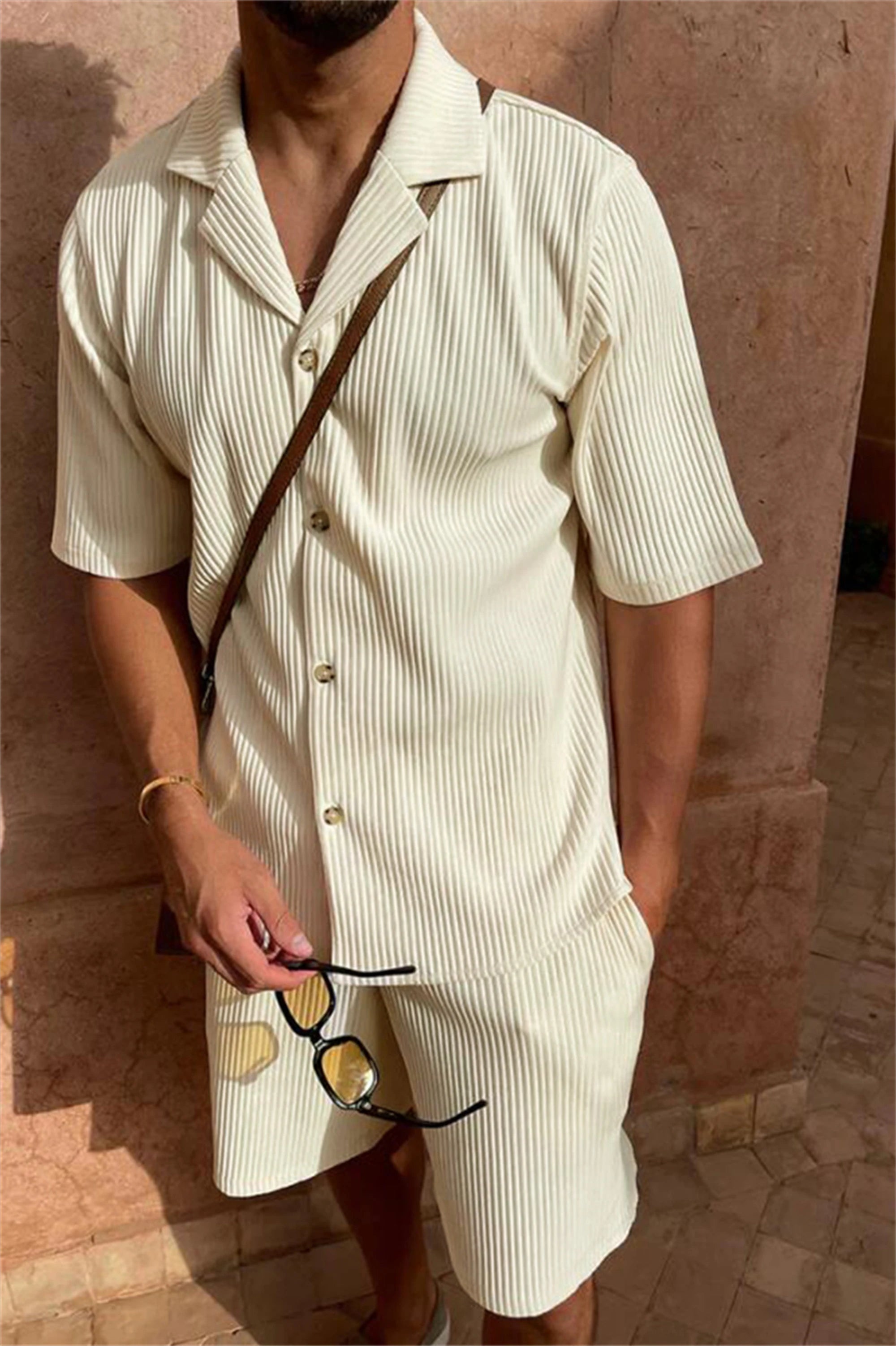 Abito Uomo estate in velluto a coste tinta unita camicia e pantaloncini abiti casual da spiaggia elasticizzati