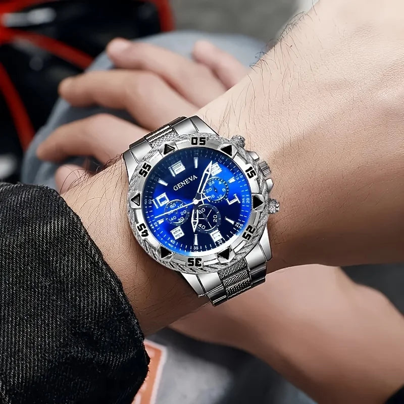 Orologio al quarzo da uomo alla moda - cinturino in acciaio inossidabile, cassa rotonda in lega di zinco, set 4 pezzi