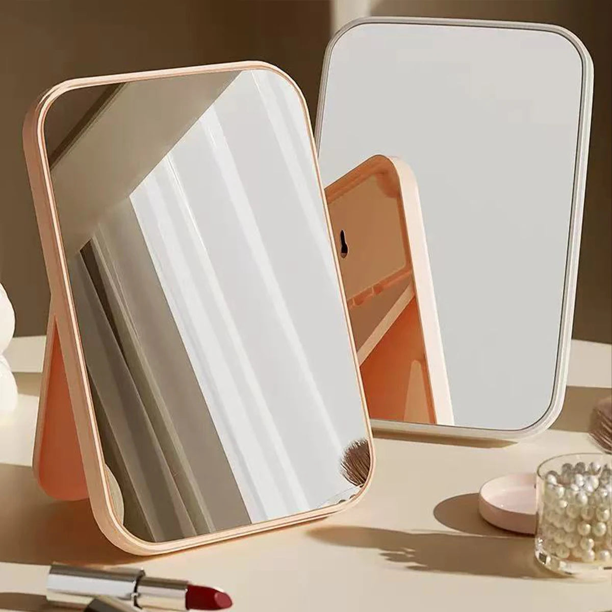 Specchio per il trucco portatile rosa/bianco, specchio per il trucco da viaggio pieghevole