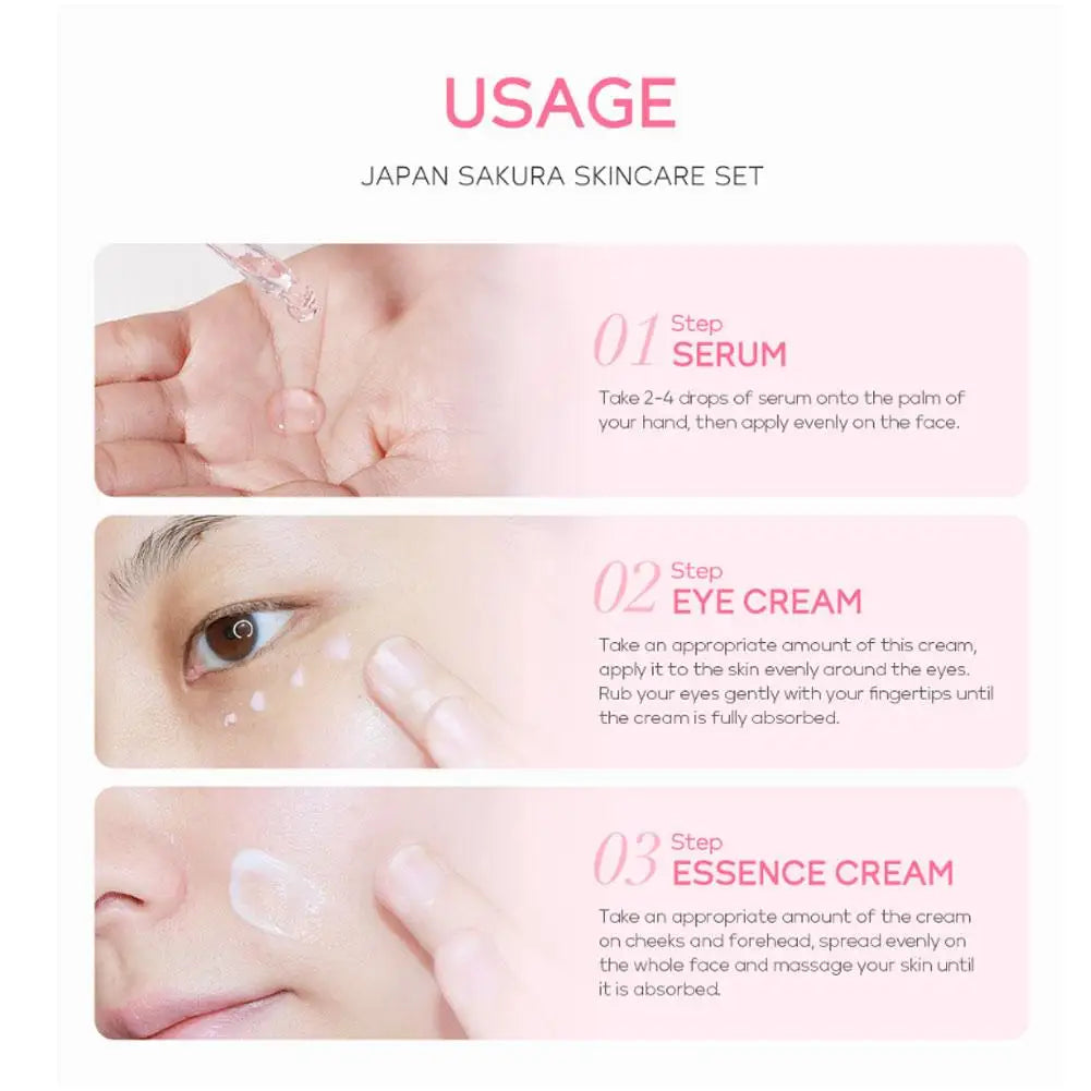 Set 3/5 Sakura Skin Care Crema Viso, Siero Toner, Detergente Viso, Protezione Solare, Crema Occhi, Confezione Regalo