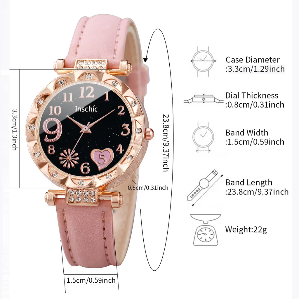 6PCS/Set Moda Quadrante a cuore Orologio da donna Casual Cinturino in pelle Orologio analogico al quarzo Set di bracciali a foglia (senza scatola)