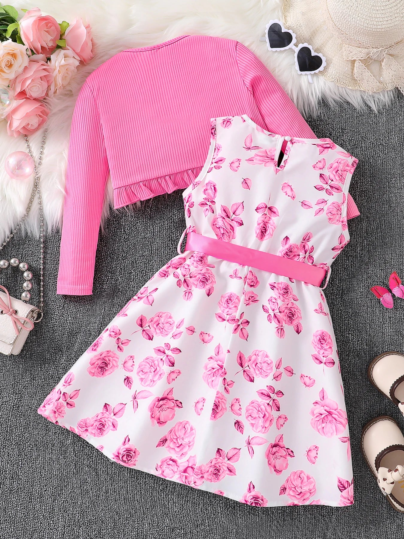 Abbigliamento per bambini moda casual floreale set 2 pezzi - gilet girocollo + gonna floreale