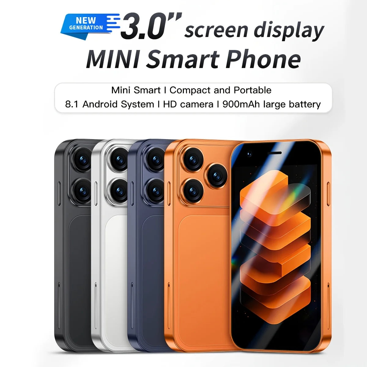 Mini smartphone con schermo da 3,0 pollici, 2 GB di RAM e 16 GB di spazio di archiviazione. Supporta più applicazioni, riconoscimento facciale Top