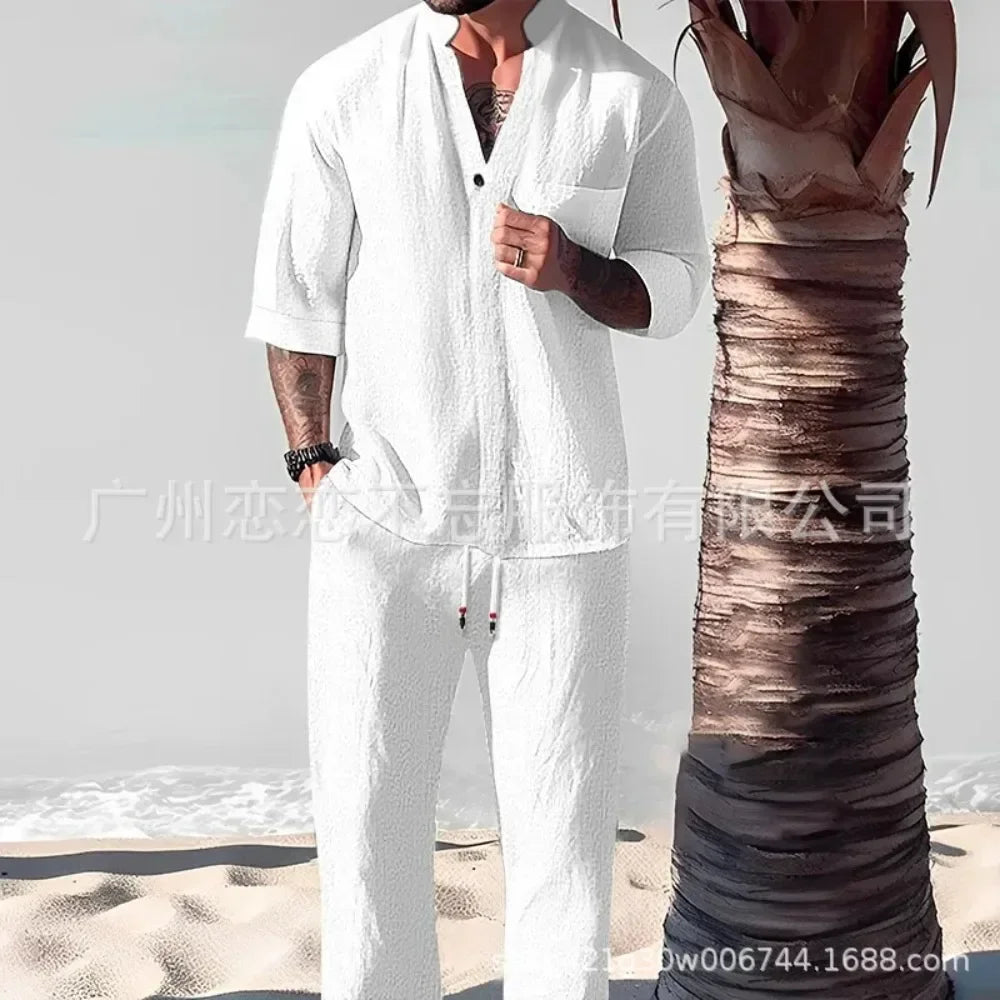 Estate Casual Set Sciolto Scollo a V Mezza manica Top e Pantaloni Abiti Uomo