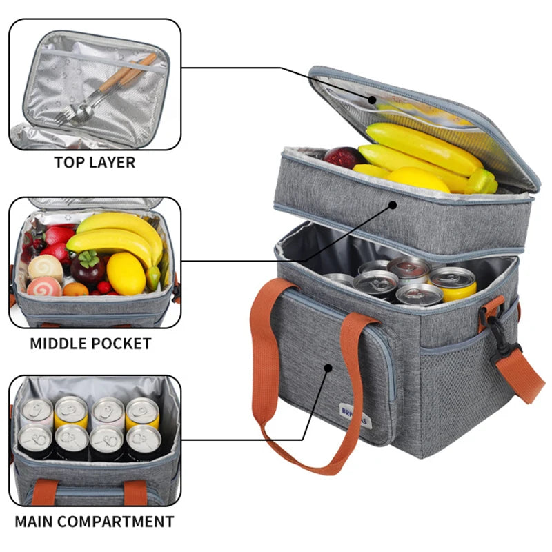 Borsa per il pranzo a doppio strato con isolamento termico di grande capacità