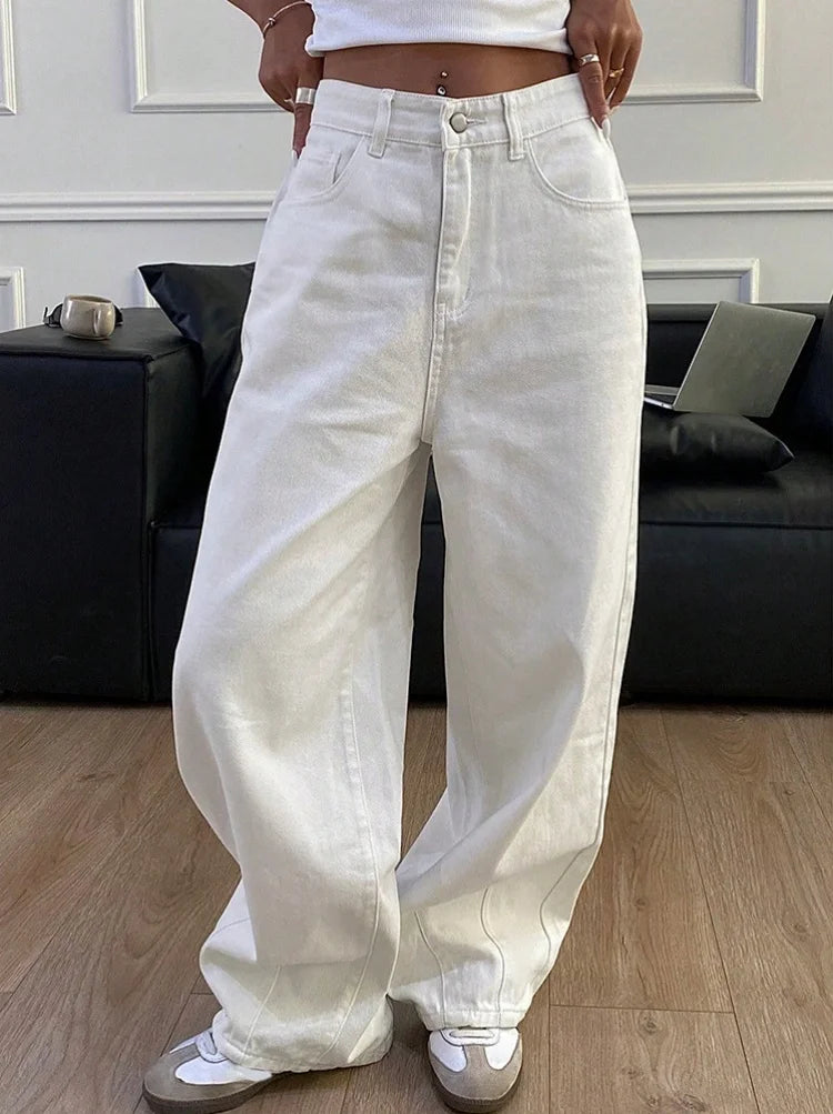 Jeans Donna Larghi Vita Alta Tasca Bianco Solido Retro