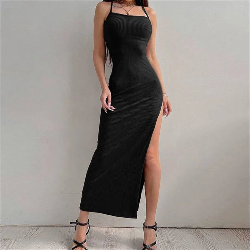 Abito aderente lungo sexy donna  senza maniche con cinturino a spacco alto