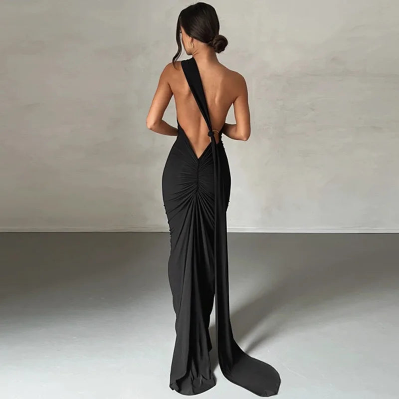 Abito da donna monospalla senza maniche da donna Sciarpa regolabile Loop increspato Backless